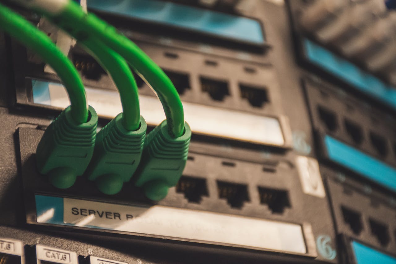creative-03 Close-up of green network cables plugged into server ports, showcasing technology setup.