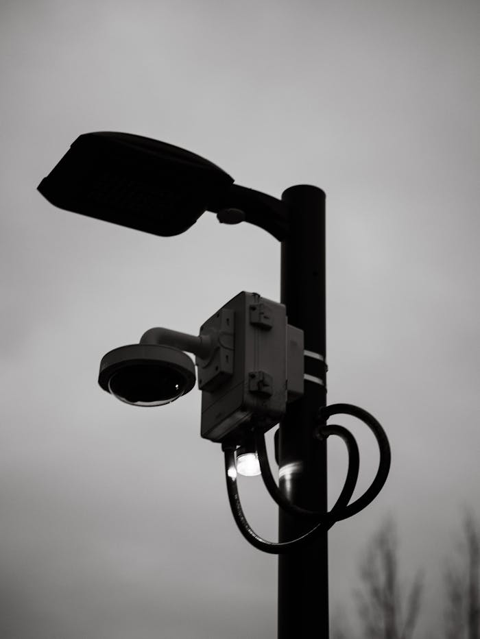 creative-01 Atmospheric black and white photo of a street lamp with a security camera.
